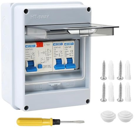 4 Way Consumer Unit Circuit Breaker, Garage Consumer Unit Circuit Breaker Panel with 63A 30mA RCD 4MCB 6A+10A+20A+32A, IP65 Anti-Leakage Fuse Box with Protective Plastic Shield for Outbuildings Garage