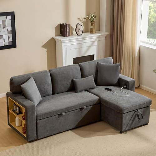 Lubvtti Divano letto 3 posti con presa USB,divano angolare a L con ripiano e contenitore,divano 3 posti,estensibile,per soggiorno,appartamento,salotto e camera da letto,tessuto oxford (grigio)