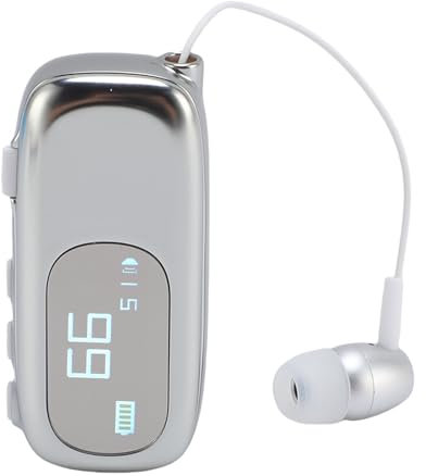 Clip On Bluetooth Headset, Retractable Bluetooth Earpiece with LED Battery Display, Handsfree In Ear Headphones with Noise Canceling Mic for Sports, Business, Trucker, (Electroplated Bright Silver)