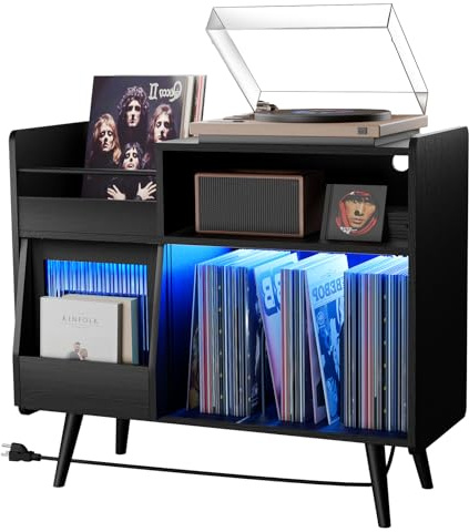 Upgraded Large Black Record Player Stand -Turntable Stand Shelf with with Power Outlet and LED Light,Vinyl Record Storage Cabinet Up to 350 Albums,Wood Record Player Holder Table for Living Room