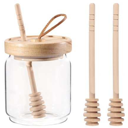 beinkmake Honey Pot 9.3 oz Airtight Glass Honey Jars with 3Pcs Wooden Honey Dippers Stick Set Storing Honey Syrup Dispenser Containers with Wooden Lid for Home Kitchen