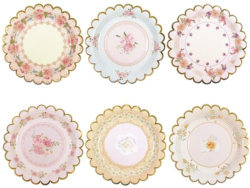 Xjoviative 48 PCS Vintage Floral Paper Plates 7 inch, Scalloped Flower Tea Party Plates Disposable Cake Dessert Plate for Birthday Bridal Shower Baby Shower Wedding Party Decorations (Floral)