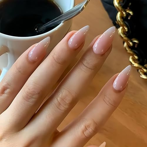 SXVME Ombre Pink French False Nails Almond Shape, Glossy Gradient Pink Press on Nails Medium Stiletto, Natural Fake Nails Stick on Nail for Women Daily Wear 24 Pcs
