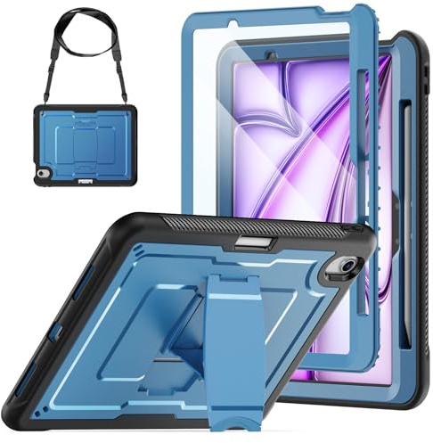 SEYMAC stock Case for iPad Air 11 Inch M4/M3/M2 (2026/2025/2024), Full Body Shockproof Cover with Screen Protector, Foldable Stand & Shoulder Strap for iPad Air 11 Case, Navy Blue
