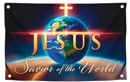 Christliche Jesus-Flagge mit Zitat Jesus Retter der Welt mit vier Messingösen, Polyester, religiöse Dekor-Flaggen für Kirchen, einseitig, kreative Banner für Ostern, 90 x 150 cm