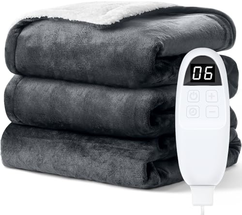 PRANITE Manta Eléctrica 200 x 180 cm, Manta Térmica con 6 Niveles de Calor y Temporizador 10H, Apagado Automático, Sherpa Suave y Cálido para Cama, Sofá u Oficina, Gris