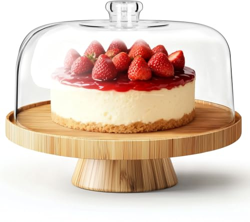 MASTERTOP 6 in 1 Design Cake Stand with Lid, Wooden Cake Display Stand with Acrylic Dome Cover, Multifunctional Wood Cake Plate for Kitchen/Birthday/Picnic/Party/Charcuterie, Clear, 28cm