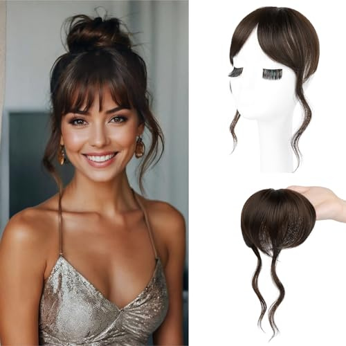 Flufymooz Clip in Bangs, 30 cm lange französischer Pony mit Schläfenpartie, Haarteile für Frauen-Dunkelbraun