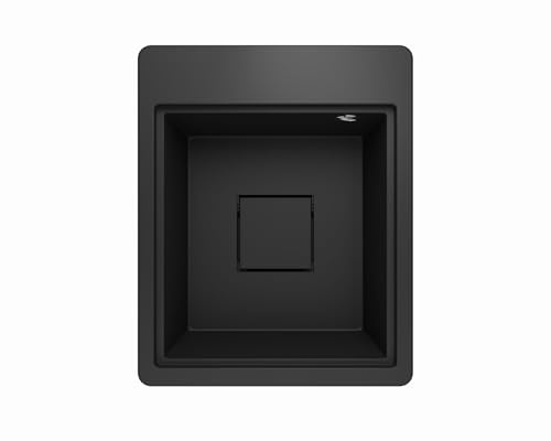 Lavello Spülbecken Granit Schwarz – Tiefe Einbauspüle 40x49,5 cm – Platzsparend, Pflegeleicht, Reversibel, Küchenspüle 1 Becken – mit Zubehörablage & verdecktem Ablauf – inkl. Siphon