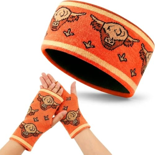 Xuniea 2 Pezzi Fascia per Capelli con Stampa Mucca e Guanti Senza Dita da Donna Scalda Orecchie Invernali Fascia Elastica per Capelli e Scaldamani e Polsi Foderati in Pile