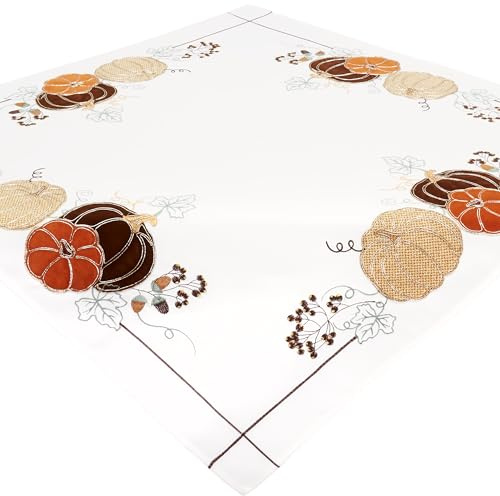 Tischdecke Weiß Herbstlich Stoff Bestickt Mitteldecke Halloween Kürbis 85 x 85 Tischwäsche Herbst Applikation und Glitzer Waschbar