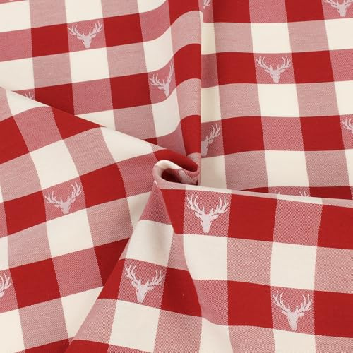 Karierter Stoff Meterware Rot Weiß mit Hirschmotiv – Landhaus Dekostoff 140 cm breit – Polyester Mischgewebe – pflegeleicht & bügelfest – Made in Germany