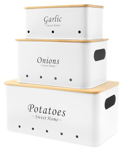 HZUIZXYO 3Pcs Vegetable Storage Tins, Onion Garlic Potato Storage Box Set Carbon Vegetable Fresh Keeper Caddy with Wood Lid and Vent Hole Multipurpose Vegetable Keeper Containers (White)