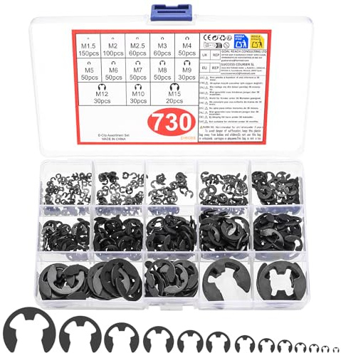 730 Pcs Anillo de Retención Externo, Arandelas de Seguridad, Circlip C-Clips, E Clip Externo Retaining Clip, E-Clips Anillos de Seguridad de Retención para Sujeción de Eje(Negro)