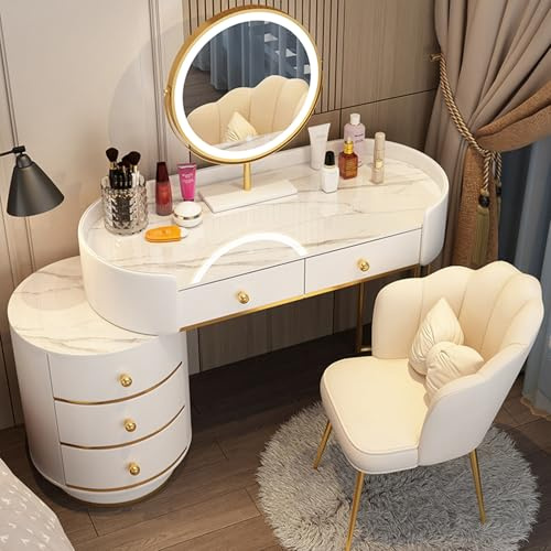 AnYaBinni Tavolo da Toilette con Specchio e Luci, 3 Impostazioni di Colore e Luminosità, Postazione Trucco con Cassetti in Legno Massello e Sedia in Velluto per Donne e Ragazze, 80/100 * 40 * 78 CM