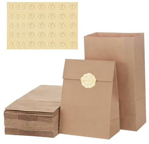 100 Kraftpapiertüten braun mit Aufklebern – Braune Papiertüten mit Blockboden (21 × 12 × 7 cm) – Leicht, lebensmitteltauglich & praktisch