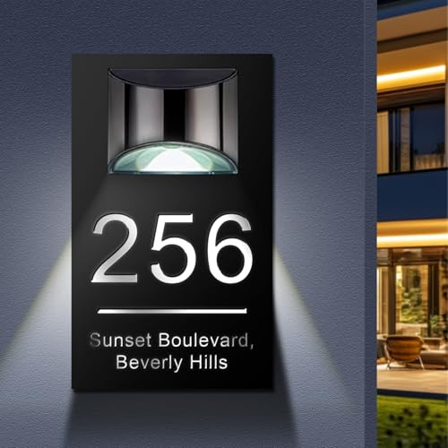 Personalized Solar House Number Sign with LED Light - Custom Modern Address Plaque for Outside, Waterproof Illuminated House Numbers, Light Up Address Sign for Garden, Yard, or Home (Black)