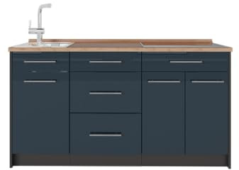 Vicco Köksblock Fame-Line, Mörkblå högblank, 150 cm, AP Oak, för individuell expansion med kompatibla moduler