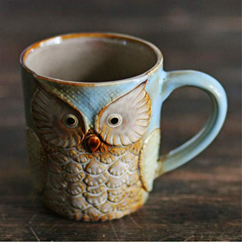JIUJ Eulen-Tasse, kreativer Keramikbecher, Retro-Design, 280 ml, Blau