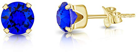 Pendientes Mujer Plata de Ley 925 Chapados Oro 24K con Brillantes de Cristal Azul 6 mm - Pendientes de Botón Oro - Clásicos, Elegantes, Dorados y Hipoalergénicos