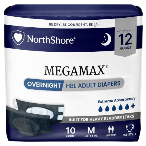 MegaMax Overnight Diapers, für Erwachsene, 12-Stunden Tab-Style, Größe M, 10er-Beutel, Schwarz, 81–112 cm, Unisex Inkontinenz-Unterwäsche