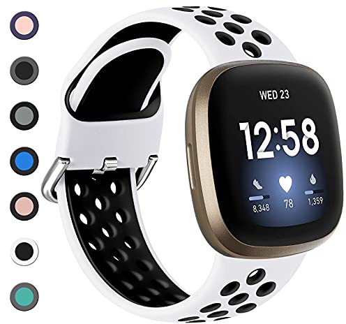 Dirrelo Kompatibel mit Fitbit Versa 4/3/Sense 2 Armband - Damen Herren, Sport Silikon Atmungsaktiv Ersatzarmband Uhrenarmband, L Weiß/Schwarz