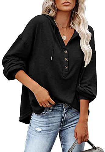 PLOKNRD Hoodie Damen V-Ausschnitt Pullover Kordelzug Dünn Kapuzenpullover | Langarm Knöpfen Henley Tops Sweatshirt Hooded Kapuze Herbst Winter Leicht Freizeit Sport Boho Klassisch Urlaub Party