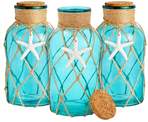 Decorative Glass Jar with Cork Lid, Coastal Vase Décor (4 x 4 x 8 in, 3 Pack)