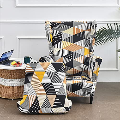 Highdi 2 Teilig Ohrensessel Überzug, Sessel-Überwürfe Ohrensessel Schonbezüge Bezug Sesselhusse Elastisch Stretch Tiger Stuhlbezug mit Armlehne Hohe Rückenlehne Universal (Bunte Geometrie)