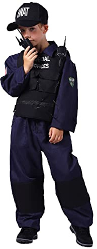narrenkiste T2113 blau-schwarz Kinder Junge SWAT Overall mit Weste,Kappe und Funkgerät (152)