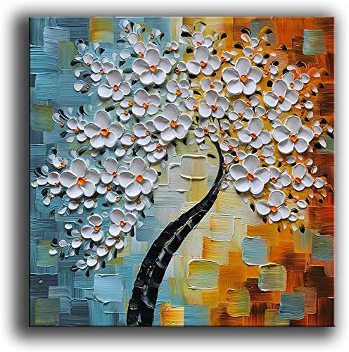 Fokenzary Dipinto a mano astratto moderno fiori spessi effetto 3D coltello tela pittura incorniciata pronta da appendere (40,6 x 40,6 cm)