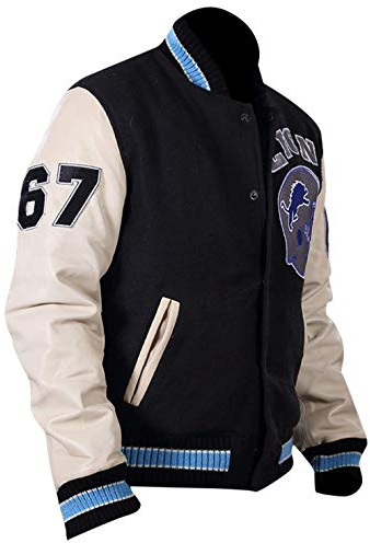 AKSAH FASHION Herren Detroit Lions Beverly Hills Cop Sports Letterman Varsity Wolle & Leder Ärmel Jacke