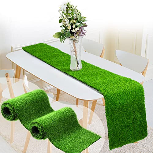 Boao 2 Pcs Artificial Grass Table Runners 14 x 72 Inch Grass Runner Synthetic Table Runners Rug Decorations for Fall Summer Holiday Wedding Birthday Party Decor