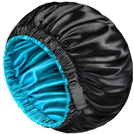 mikimini Satin-Haube für Damen und Herren, wendbare doppellagige Schlafhaube für Haarzöpfe mit rutschfestem, verstellbarem Gummiband, superweich (XL, Schwarz/Blau)