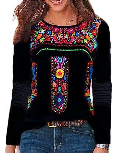 Melliflo Long Sleeve Mexican Shirts for Women Floral Embroidered Peasant Blouse Ethnic Style Boho T-Shirts, O Black, M