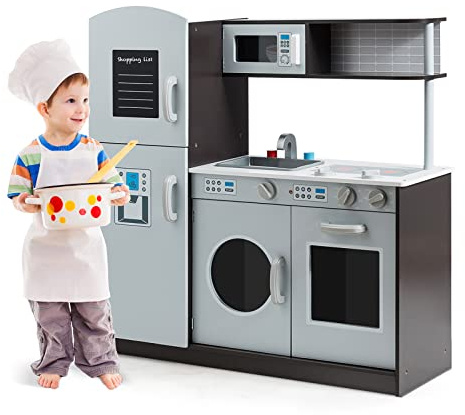 COSTWAY Cuisine d’Imitation Enfants en Bois avec Accessoires et Rangement,Cuisinière Enfants avec Sons de Clic,Four, Réfrigérateur et Machine à Laver,Cadeau pour Tout-Petits de 3 à 8 Ans,Gris(Gris)