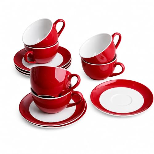 AMBITION Kaffeeservice 6 Personen rot weiß Aura Red Tassen Untertassen | 12-teilig auffälliges Rot Spülmaschine & Mikrowelle