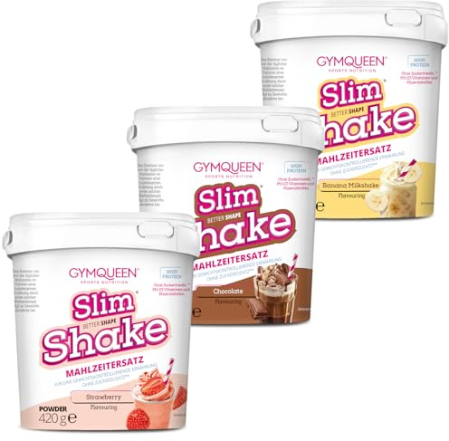 GymQueen Slim Shake, Erdbeere + Schokolade + Banana Milkshake, 3 x 420 g