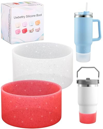 Uwbettry 2 Pcs Silicone Boot Tumbler Bottom Protector for Stanley Quencher Adventure 40oz & Stanley IceFlow 30oz, Glitter Clear Red Cup Accessories Boot Sleeve Cover