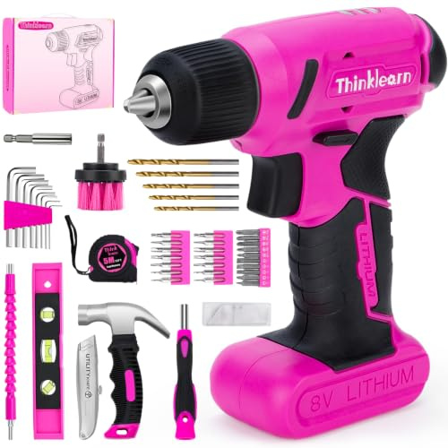 8V Pink Cordless Drill Set, 56 Pcs Pink Power Drill Tool Kit for Women, 3/8Keyless Chuck Electric Screwdriver Driver Kit for Home,Garden,Office DIY and Repair, Lady’s Essential Home Tool Set
