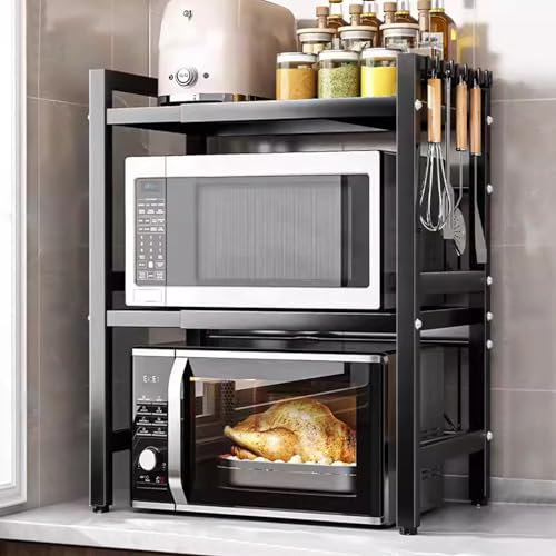 WMLBK Microwave Oven Rack,Expandable Microwave Rack 3 Tier Microwave Oven Shelf Carbon Steel Over Microwave Shelf Width 40-63cm Adjustable Kitchen Counter Organizer with 6 Hooks (3-Tier Black)