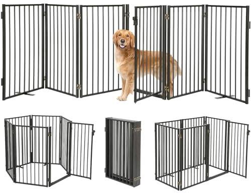 Paulmele Metal Freestanding Dog Gates with Door for Outdoor Indoor,120'' Extra Wide 32'' Tall Free Standing Dog Gate for Doorways,Large Openings,Deck,Yard,Porch,Foldable Pet Fence(Black,6 Panels)