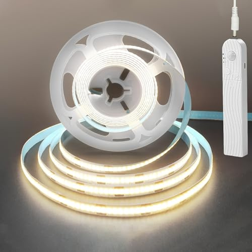 Clearhill 5V Sensor de movimiento Dimmable USB recargable COB led Strip Lights, Batería incorporada de 1500mAh, Tres modos, 9.84FT / 3M, Blanco natural 4000K, 320LEDs / M