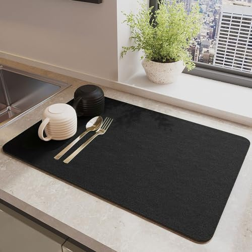 Odot Alfombrilla Escurreplatos, Súper Absorbente Alfombrilla Cafetera Secado Rápido Bayeta Escurreplatos Estera Fregadero para Encimera de Cocina (40x60cm,Negro)