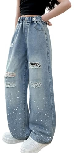 Rolanko Jeans Ragazze, Loose Denim Pantaloni Vita Elastico Moda Rotti Blu per Bambini
