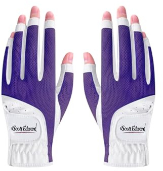 Scott Edward 1 Pair Open-Finger Women's Golf Gloves 2 Pack Left Right Hand Lady Fingerless Golf Gloves PU and Microfiber Breathable Mesh Fabric Cool and Comfortable (Purple,19)