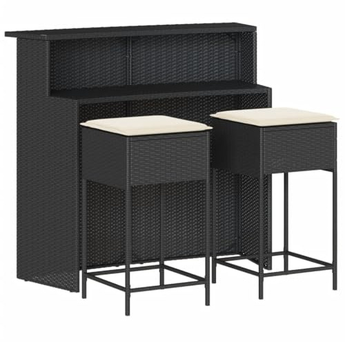 vidaXL 3-TLG. Gartenbar-Set mit Kissen Schwarz Poly Rattan