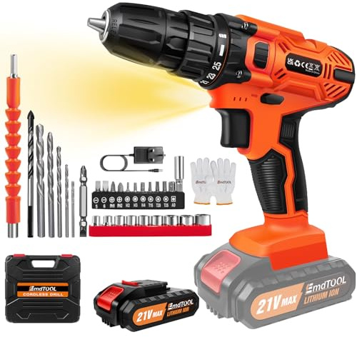 Cordless Combi Drill 21V Electric Screwdriver 45Nm Hand Drills, Fast Charger, with Rechargeable 1500 mAh Battery & LED Work Light