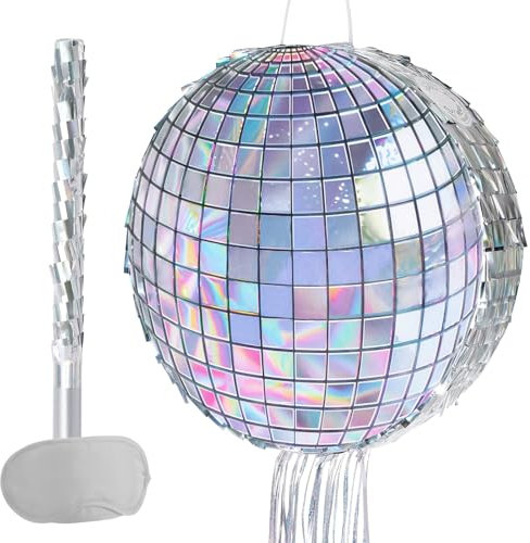 WERNNSAI Disco Party Pinata - Silver Disco Ball Pinata with Blindfold and Stick Hip Hop 80s 90s Retro Dance Disco Party Decoration Supplies for Birthday Wedding New Year Decorations