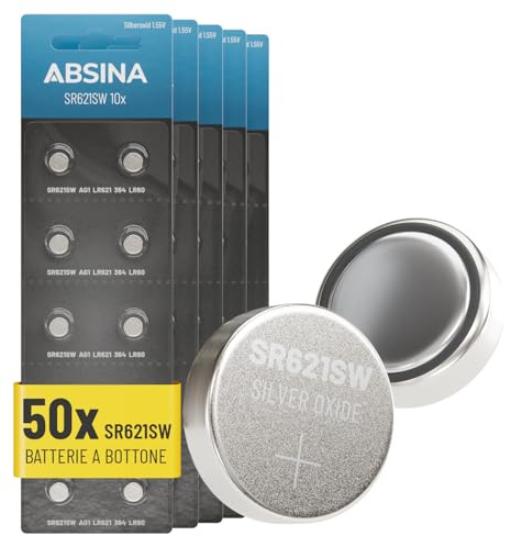 ABSINA 50er Pack SR621SW Uhrenbatterie 1,55V Silberoxid - LR621 364 AG1 | Knopfzelle SR621SW auslaufsicher & lange Haltbarkeit - Batterie SR 621 SW / SR621 / V364 - Uhren Knopfzelle